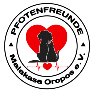 Logo der Pfotenfreunde Malakasa-Oropos e.V.: Hund und Katze als schwarze Silhouette vor einem roten Herz, im Kreis der Vereinsname